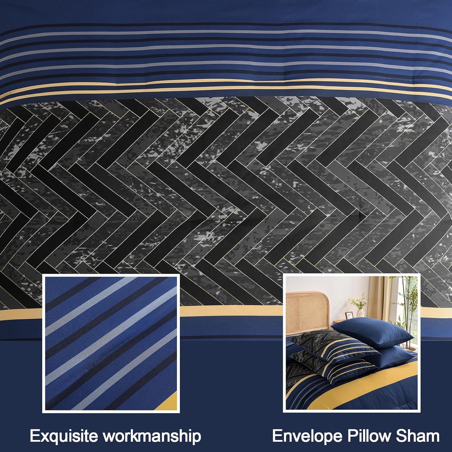 Blue and Yellow Comforter Set King Size, 7 Pieces Stripe Geometric Bed in a Bag, Marble Comforter and Sheet Set, Soft Microfiber Complete Bedding Sets for All Seasons