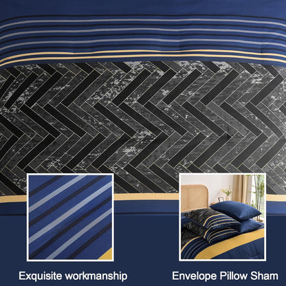 Blue and Yellow Comforter Set King Size, 7 Pieces Stripe Geometric Bed in a Bag, Marble Comforter and Sheet Set, Soft Microfiber Complete Bedding Sets for All Seasons