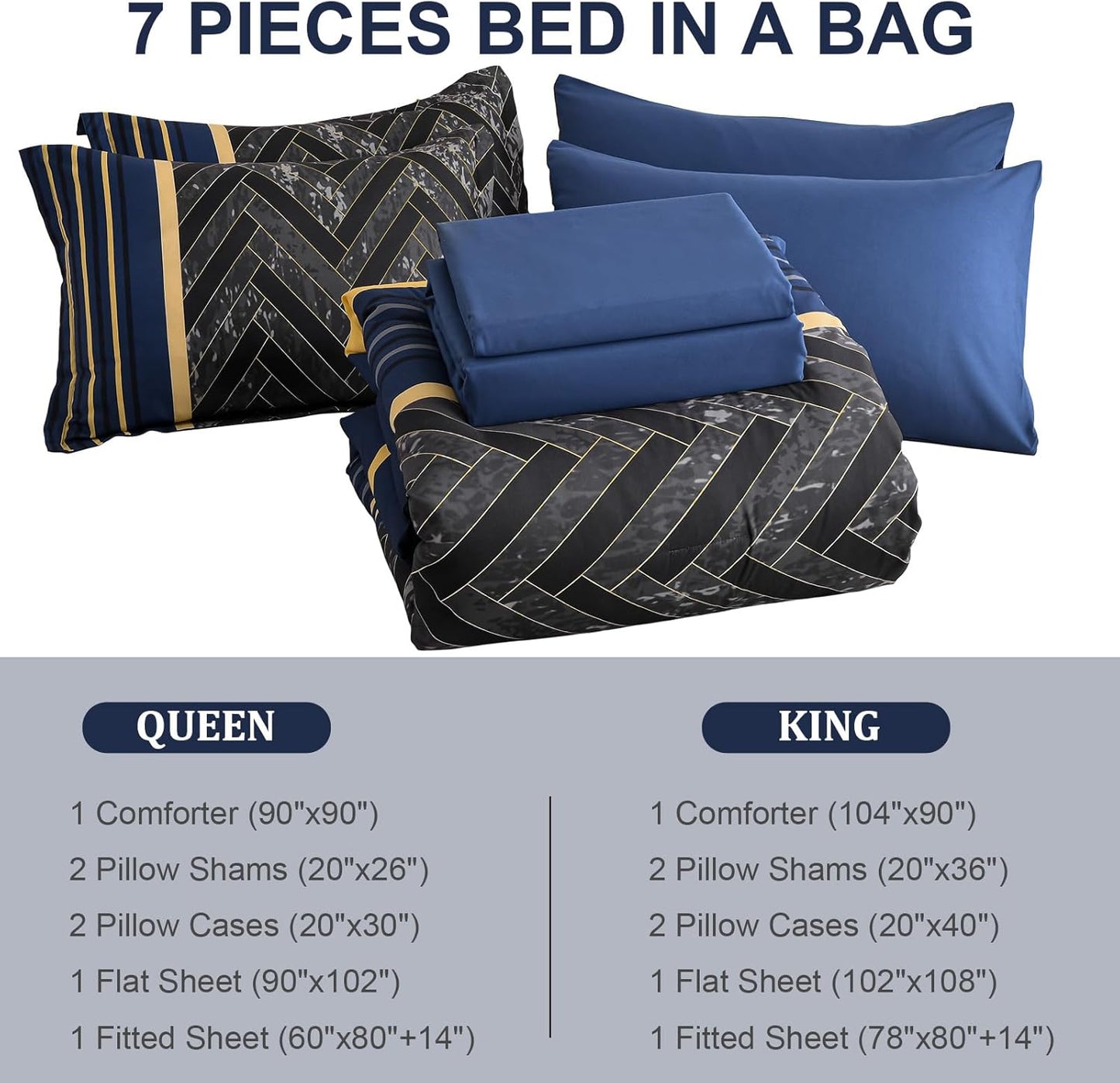 Blue and Yellow Comforter Set King Size, 7 Pieces Stripe Geometric Bed in a Bag, Marble Comforter and Sheet Set, Soft Microfiber Complete Bedding Sets for All Seasons