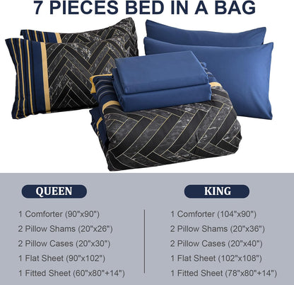 Blue and Yellow Comforter Set King Size, 7 Pieces Stripe Geometric Bed in a Bag, Marble Comforter and Sheet Set, Soft Microfiber Complete Bedding Sets for All Seasons
