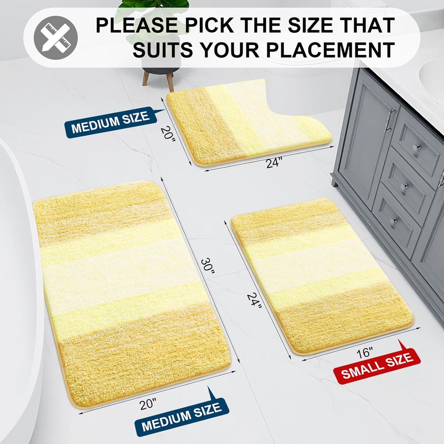 Microfiber Bathroom Rugs, Shaggy Soft and Absorbent Bath Rug, Thick Plush Machine Washable Dry Bath Mats for Bathroom, Tub and Shower, 47x24, Light Yellow, Rectangular