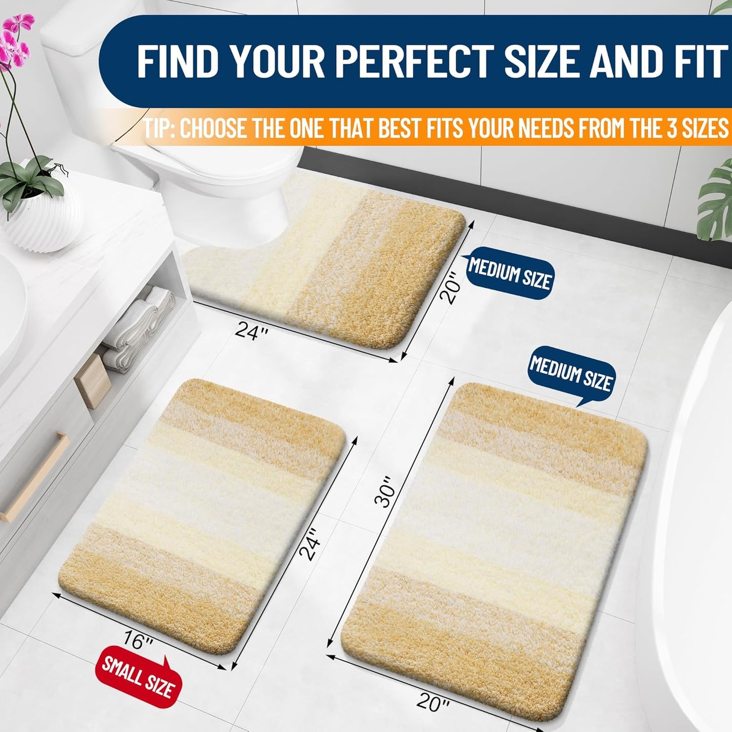 Bathroom Rug Set 2 Piece, Soft Absorbent Microfiber Bath Mats and U-Shaped Contour Toilet Rug, Non-Slip, Machine Wash Dry, Plush Shaggy Bath Mats for Bathroom (30"x20"+24"x20", Light Yellow)