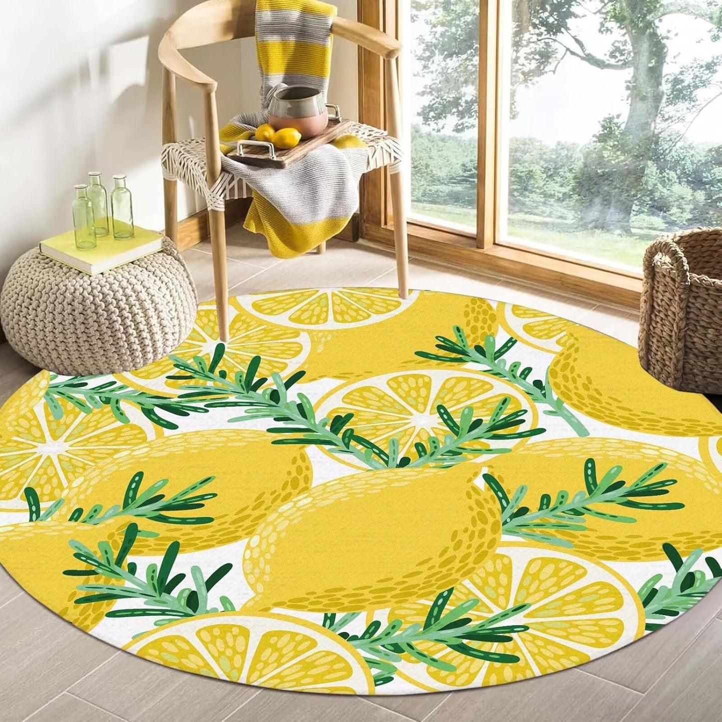 6Ft Lemon Round Rug Yellow Circle Rugs for Bedroom Dorm Living Room Lemon Tree Area Rug Floor Mat Pad Doormat Carpet, 6'X6'(180x180cm)