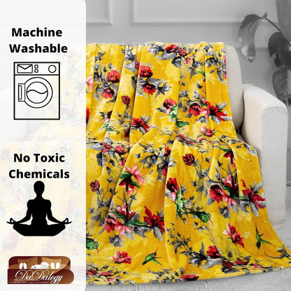DaDa Bedding Tropical Farmhouse Hummingbird Throw Blanket - Rustic Yellow Fleece Bright Super Soft Faux Mink - Cozy & Lightweight - 63" x 90