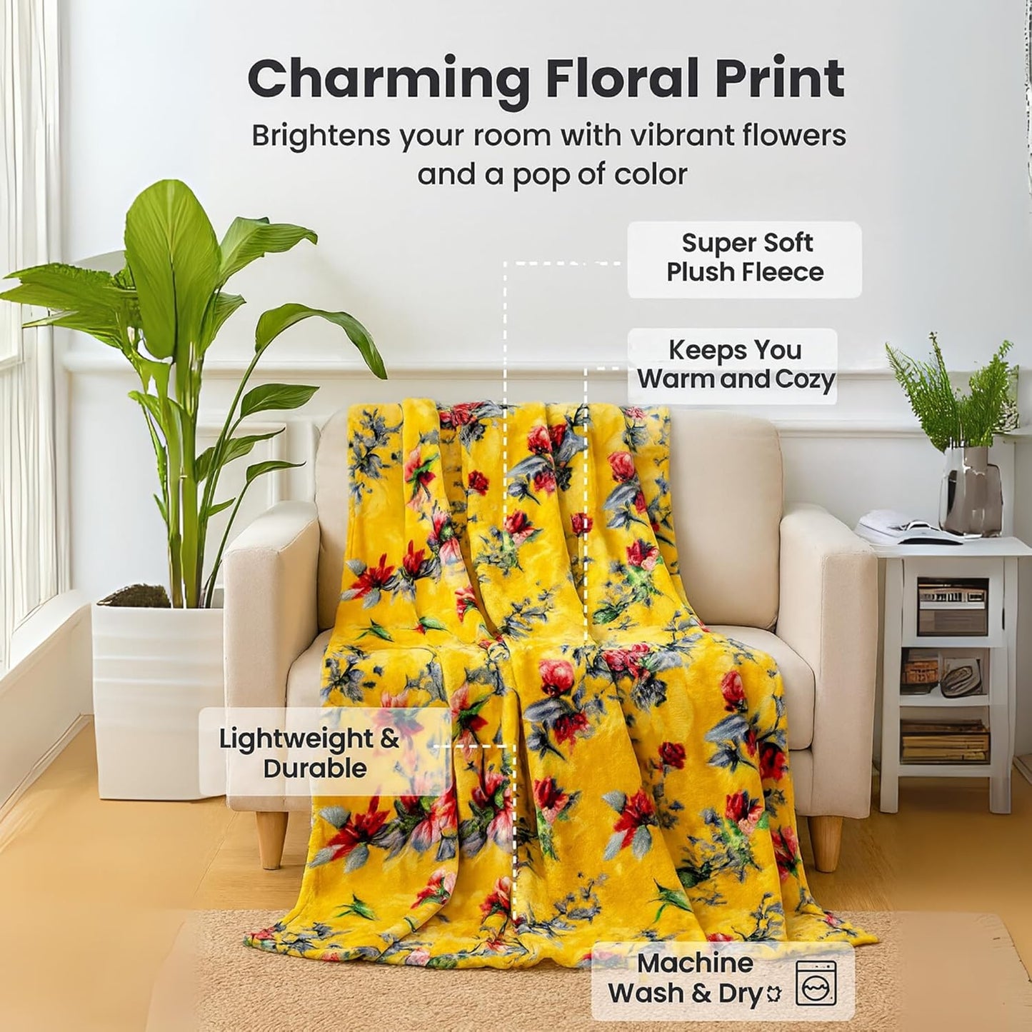 DaDa Bedding Tropical Farmhouse Hummingbird Throw Blanket - Rustic Yellow Fleece Bright Super Soft Faux Mink - Cozy & Lightweight - 63" x 90