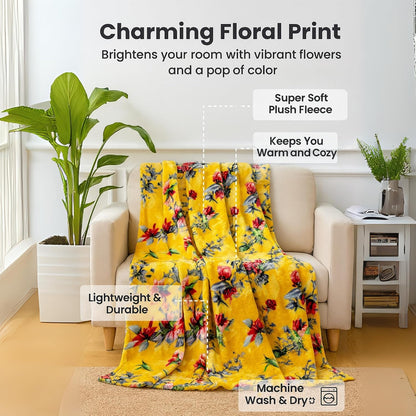 DaDa Bedding Tropical Farmhouse Hummingbird Throw Blanket - Rustic Yellow Fleece Bright Super Soft Faux Mink - Cozy & Lightweight - 63" x 90