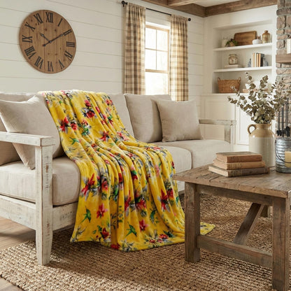 DaDa Bedding Tropical Farmhouse Hummingbird Throw Blanket - Rustic Yellow Fleece Bright Super Soft Faux Mink - Cozy & Lightweight - 63" x 90