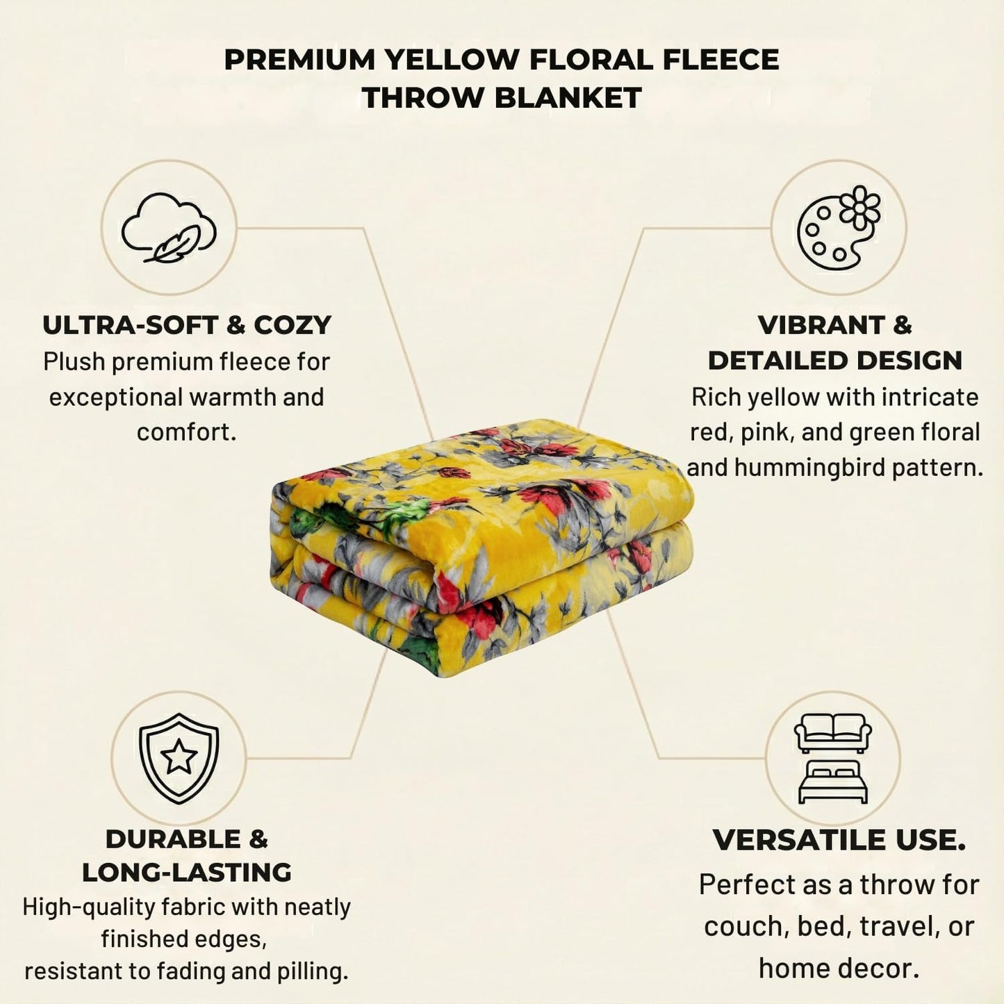 DaDa Bedding Tropical Farmhouse Hummingbird Throw Blanket - Rustic Yellow Fleece Bright Super Soft Faux Mink - Cozy & Lightweight - 63" x 90