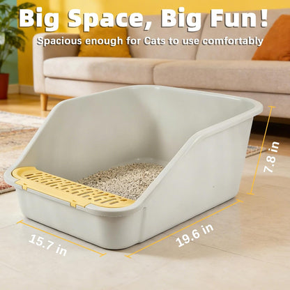 Large Cat Litter Box with High Sides,Cat Litter Pan for Indoor Big Cats,Open Top High Wall Kitty Litter Box with Low Entry for Kitten & Senior Cat,Easy to Clean,Anti-Splashing (Grey & Yellow)