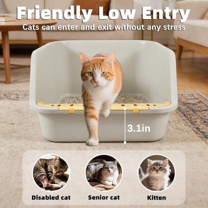 Large Cat Litter Box with High Sides,Cat Litter Pan for Indoor Big Cats,Open Top High Wall Kitty Litter Box with Low Entry for Kitten & Senior Cat,Easy to Clean,Anti-Splashing (Grey & Yellow)