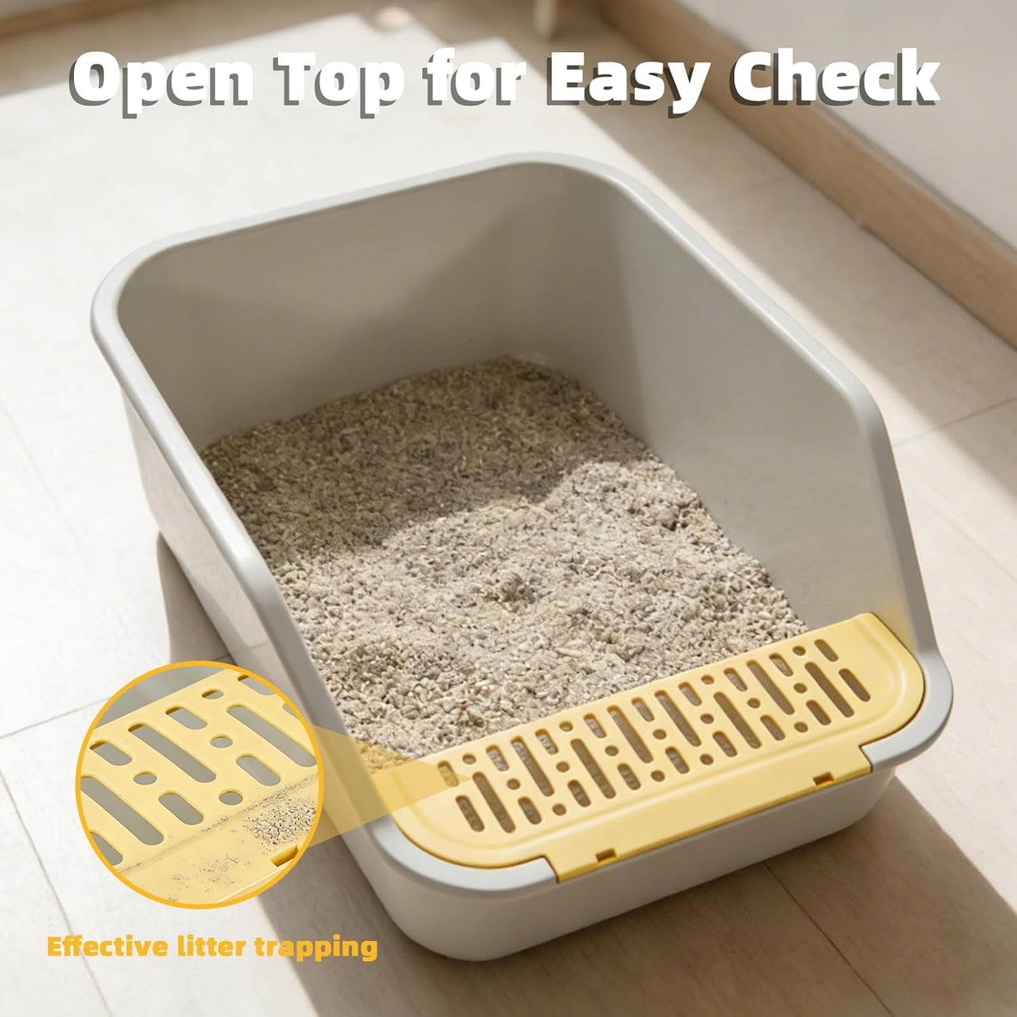 Large Cat Litter Box with High Sides,Cat Litter Pan for Indoor Big Cats,Open Top High Wall Kitty Litter Box with Low Entry for Kitten & Senior Cat,Easy to Clean,Anti-Splashing (Grey & Yellow)