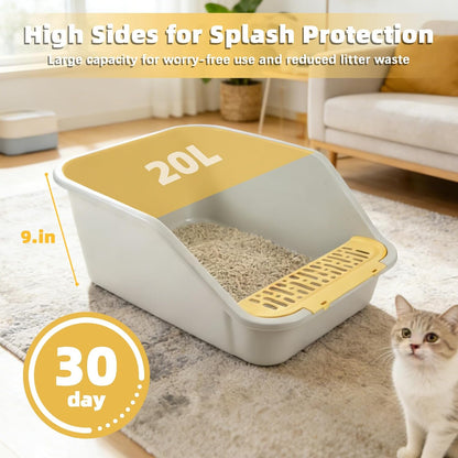 Large Cat Litter Box with High Sides,Cat Litter Pan for Indoor Big Cats,Open Top High Wall Kitty Litter Box with Low Entry for Kitten & Senior Cat,Easy to Clean,Anti-Splashing (Grey & Yellow)