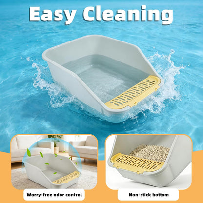 Large Cat Litter Box with High Sides,Cat Litter Pan for Indoor Big Cats,Open Top High Wall Kitty Litter Box with Low Entry for Kitten & Senior Cat,Easy to Clean,Anti-Splashing (Grey & Yellow)