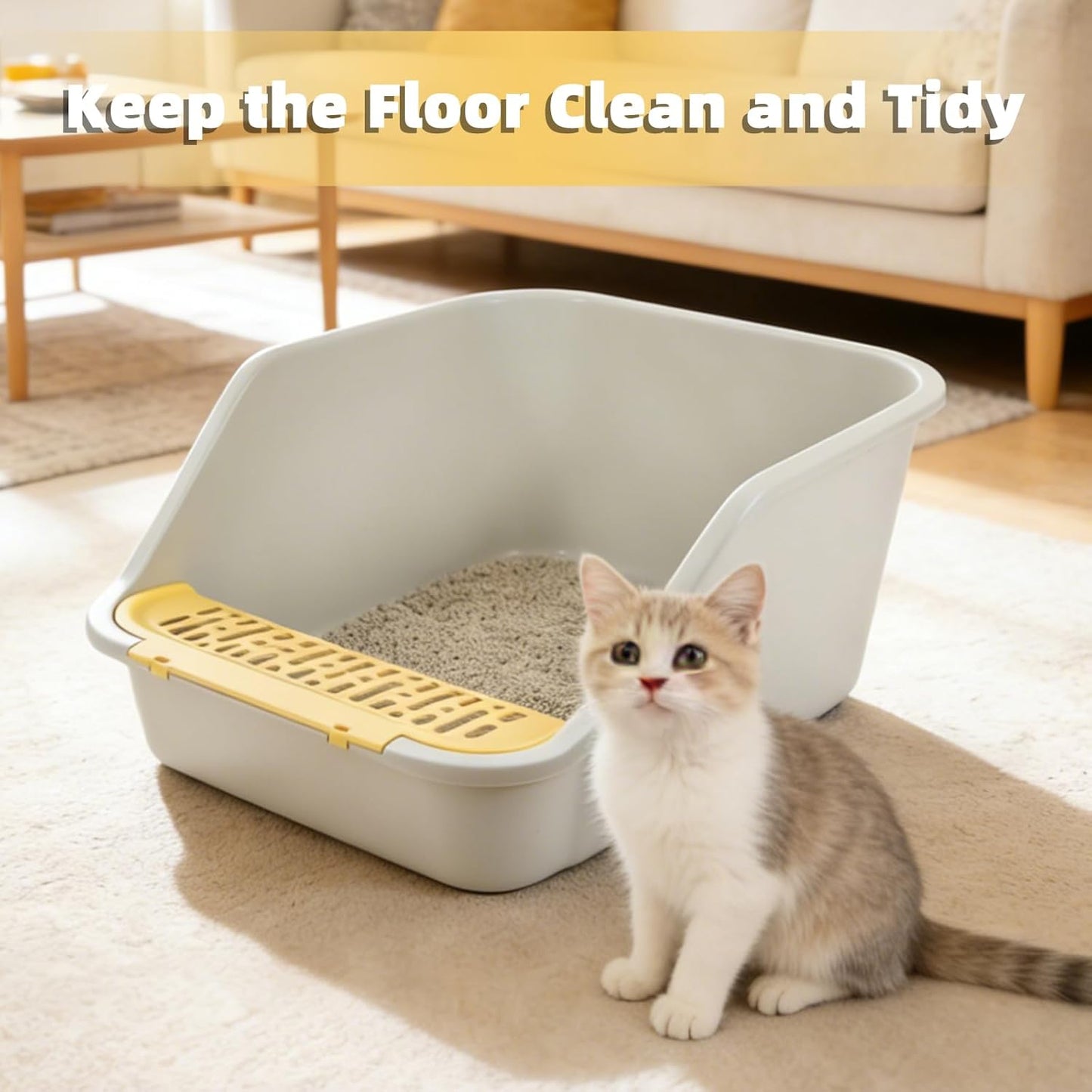 Large Cat Litter Box with High Sides,Cat Litter Pan for Indoor Big Cats,Open Top High Wall Kitty Litter Box with Low Entry for Kitten & Senior Cat,Easy to Clean,Anti-Splashing (Grey & Yellow)