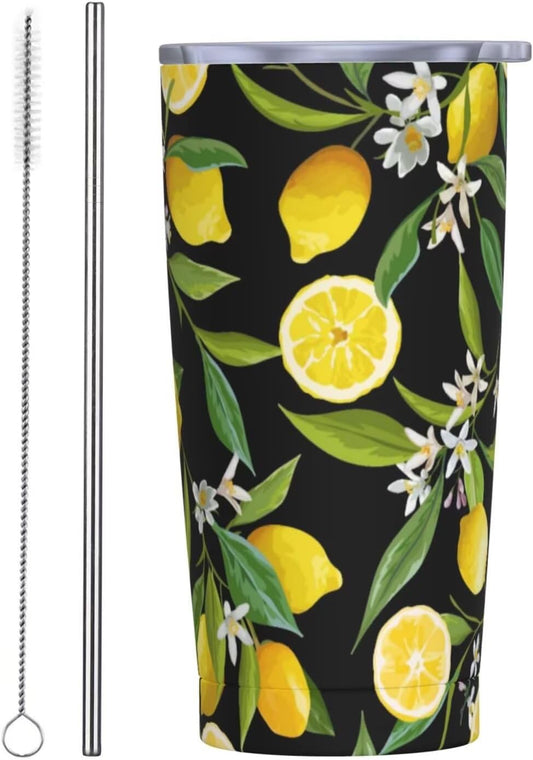 Lemon Fruits Floral Tumbler Fresh Lemon Black Travel Tumblers 20 oz Vintage Lemons Mug with Lid and Straw Tropical Blossom Coffee Cups Water Bottle for Women Insulated Cup Mugs for Hiking Gym