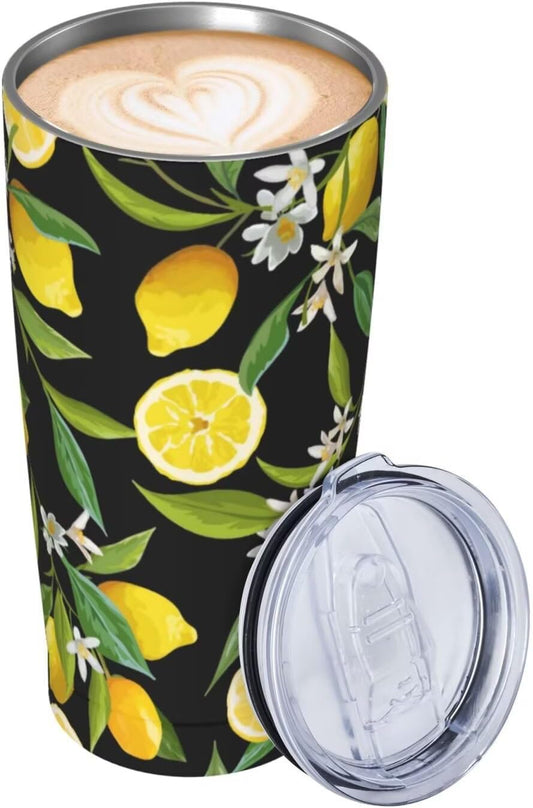 Lemon Fruits Floral Tumbler Fresh Lemon Black Travel Tumblers 20 oz Vintage Lemons Mug with Lid and Straw Tropical Blossom Coffee Cups Water Bottle for Women Insulated Cup Mugs for Hiking Gym