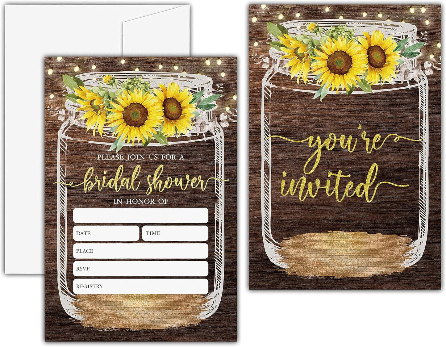 Mason Jar Bridal Shower Invitations, Rustic Sunflower Bridal Shower Invites, Country Wedding Shower Supplies & Engagement Party Decorations (25 Set of Invitations with Envelopes) -02