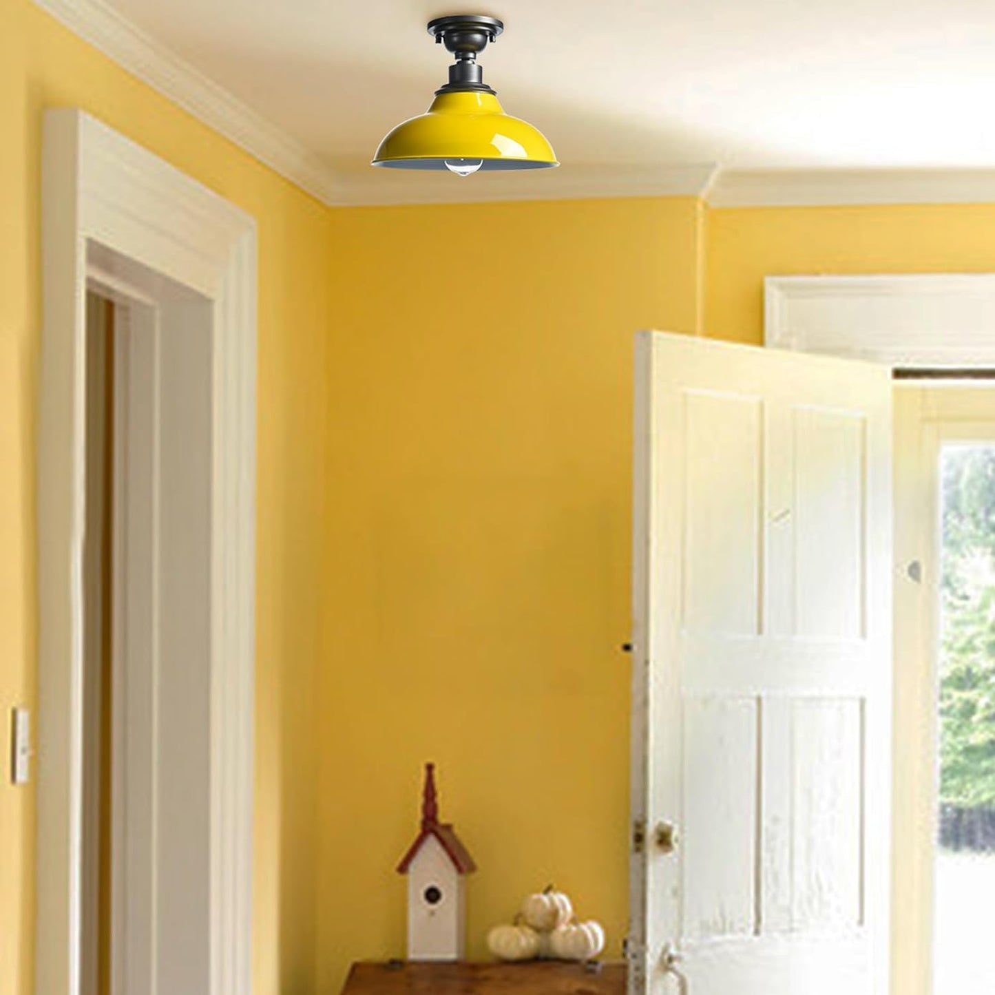 Macaron Semi Flush Mount Barn Ceiling Light | 12-Inch Nodic Hallway Light Fixtures Farmhouse Bronze and Yellow Ceiling Lamp for Bedroom Entryway Staircase Kitchen