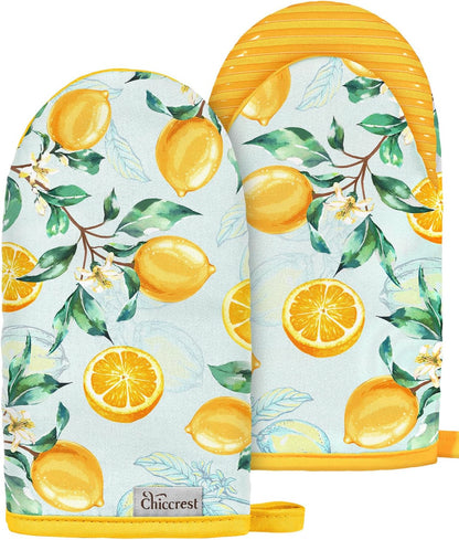 Mini Oven Mitts Heat Resistant with Full Silicone Grip - Watercolor Yellow Lemon Kitchen Mitts for Oven Washable Non-Slip 100% Cotton Oven Mitts for Women