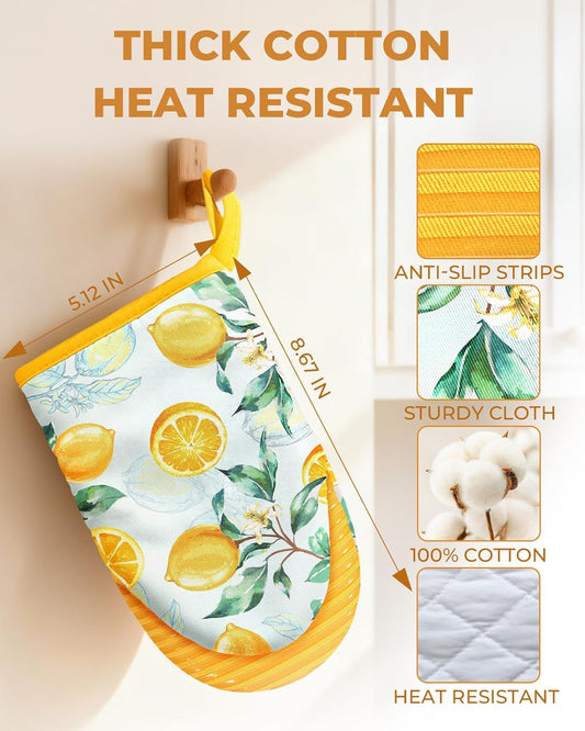 Mini Oven Mitts Heat Resistant with Full Silicone Grip - Watercolor Yellow Lemon Kitchen Mitts for Oven Washable Non-Slip 100% Cotton Oven Mitts for Women