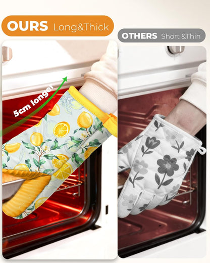 Mini Oven Mitts Heat Resistant with Full Silicone Grip - Watercolor Yellow Lemon Kitchen Mitts for Oven Washable Non-Slip 100% Cotton Oven Mitts for Women