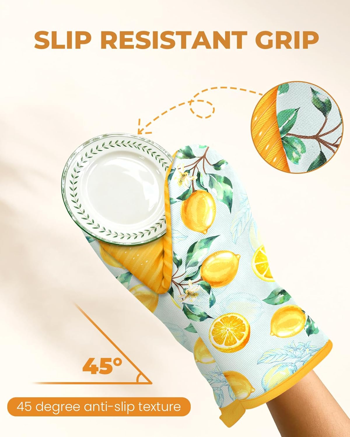 Mini Oven Mitts Heat Resistant with Full Silicone Grip - Watercolor Yellow Lemon Kitchen Mitts for Oven Washable Non-Slip 100% Cotton Oven Mitts for Women