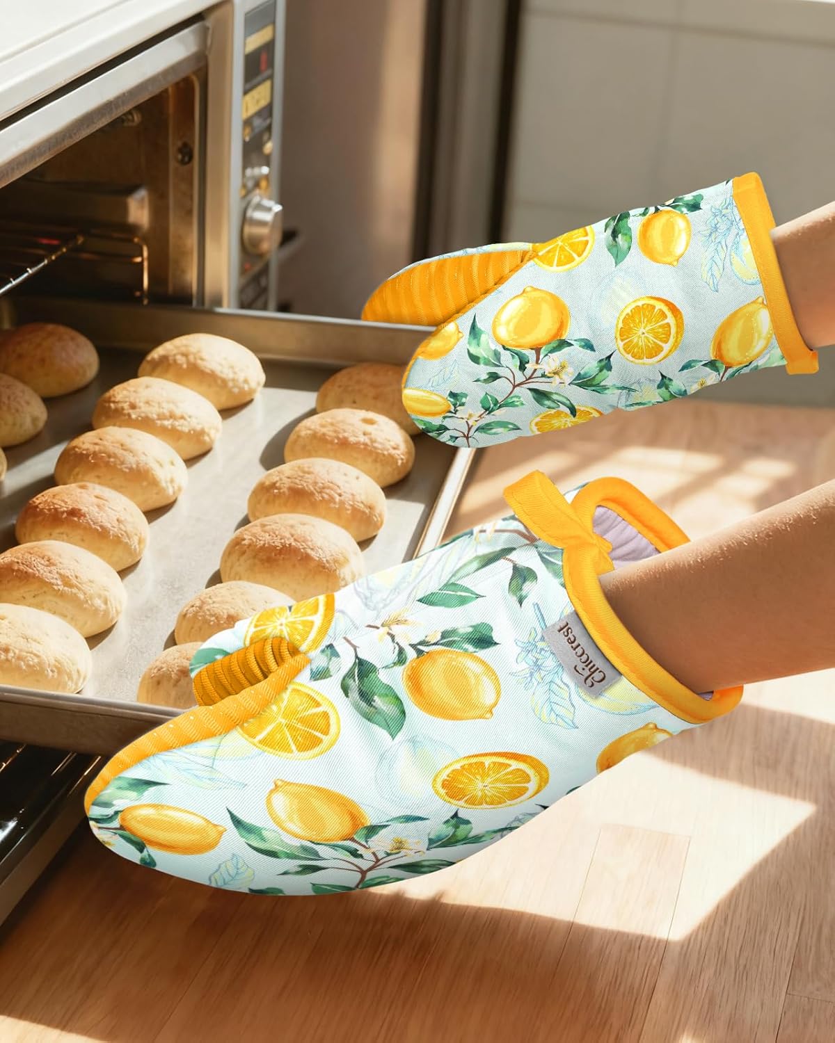Mini Oven Mitts Heat Resistant with Full Silicone Grip - Watercolor Yellow Lemon Kitchen Mitts for Oven Washable Non-Slip 100% Cotton Oven Mitts for Women