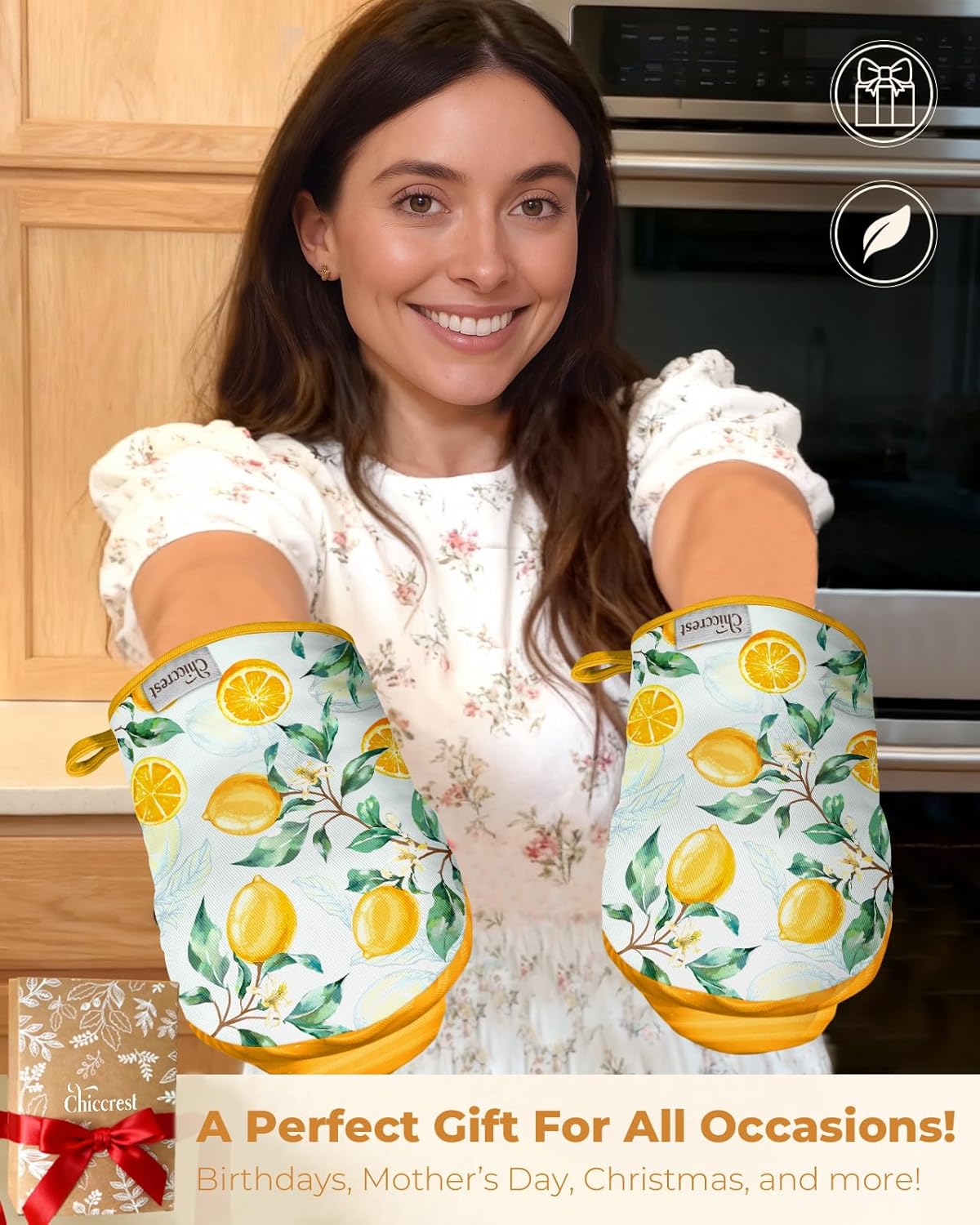 Mini Oven Mitts Heat Resistant with Full Silicone Grip - Watercolor Yellow Lemon Kitchen Mitts for Oven Washable Non-Slip 100% Cotton Oven Mitts for Women