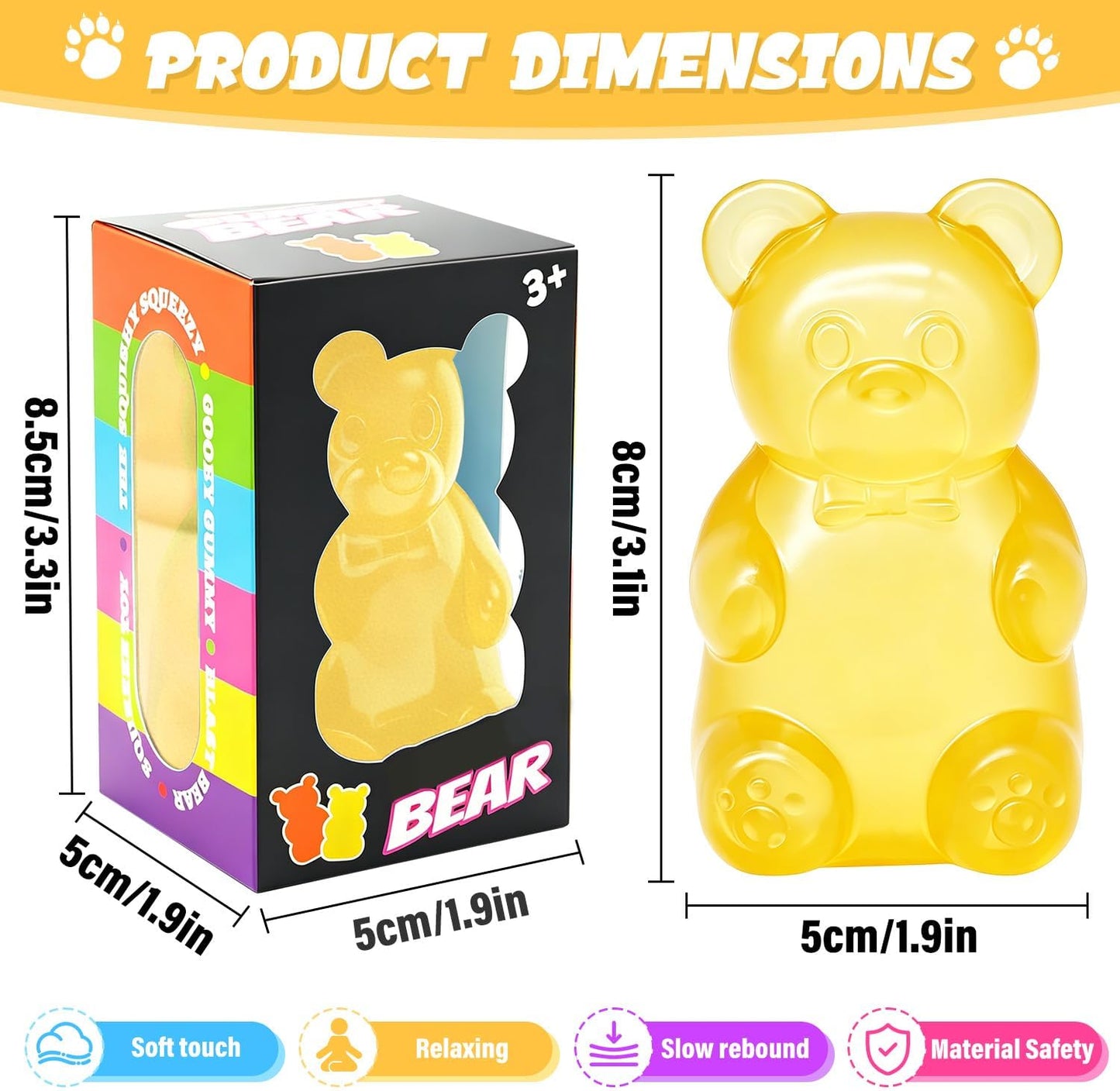 Bear Squishy Toy, Slow Rising Stress Relief Sugar Squeeze Toy for Kids & Adults, High Density Sensory Stress Balls, Stocking Stuffers, Birthday Party Favors, Anxiety Relief Toys for Boys Girls(yellow)