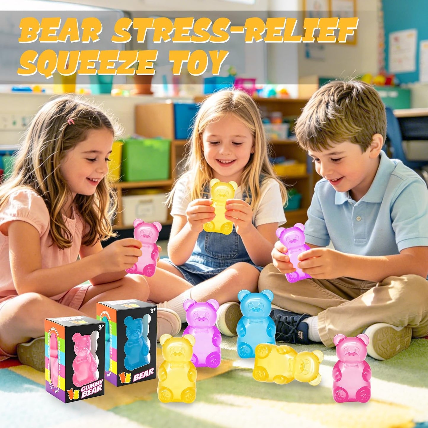 Bear Squishy Toy, Slow Rising Stress Relief Sugar Squeeze Toy for Kids & Adults, High Density Sensory Stress Balls, Stocking Stuffers, Birthday Party Favors, Anxiety Relief Toys for Boys Girls(yellow)