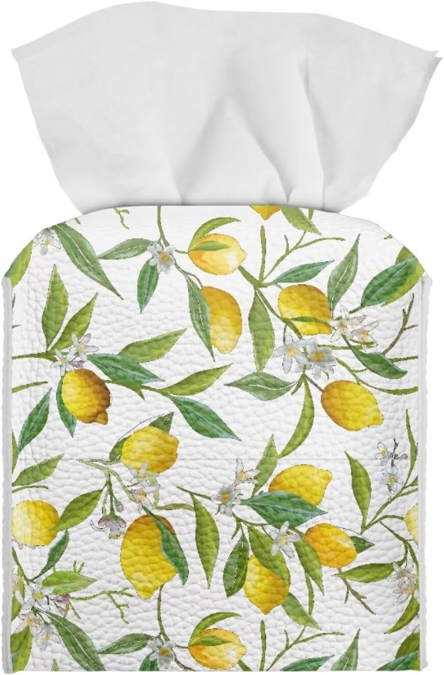 Lemon Leaf PU Leather Tissue Box Cover Kitchen Home Desktop Decoration Tissue Holder Case Box for Office Desk Car Decor