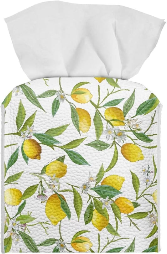 Lemon Leaf PU Leather Tissue Box Cover Kitchen Home Desktop Decoration Tissue Holder Case Box for Office Desk Car Decor