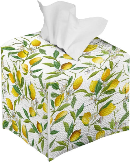 Lemon Leaf PU Leather Tissue Box Cover Kitchen Home Desktop Decoration Tissue Holder Case Box for Office Desk Car Decor