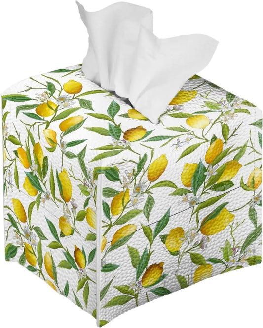Lemon Leaf PU Leather Tissue Box Cover Kitchen Home Desktop Decoration Tissue Holder Case Box for Office Desk Car Decor