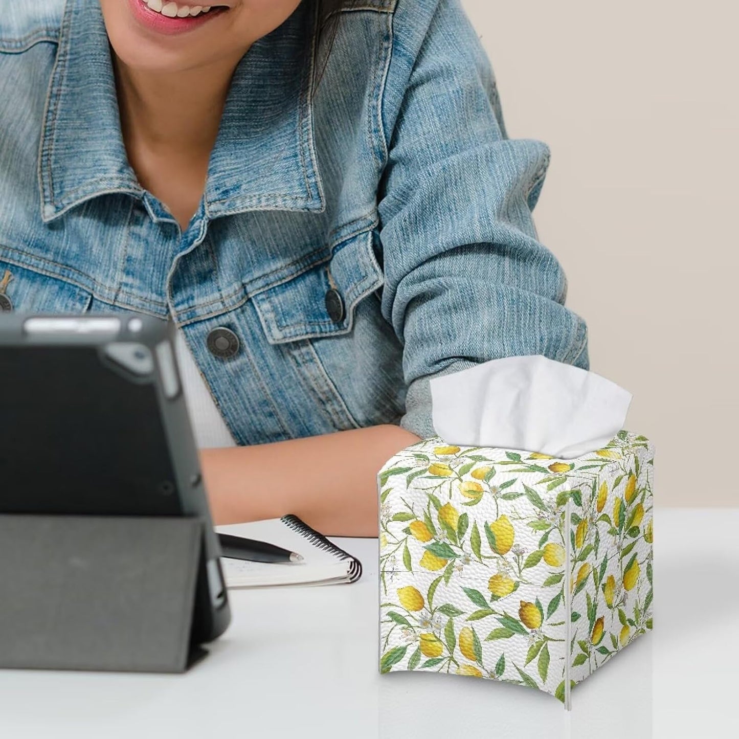 Lemon Leaf PU Leather Tissue Box Cover Kitchen Home Desktop Decoration Tissue Holder Case Box for Office Desk Car Decor