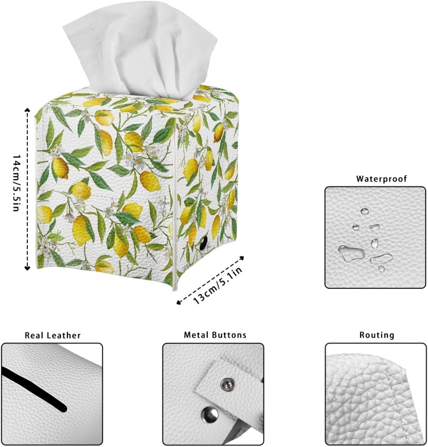 Lemon Leaf PU Leather Tissue Box Cover Kitchen Home Desktop Decoration Tissue Holder Case Box for Office Desk Car Decor