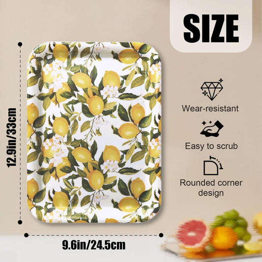 Serving Trays, 12.9 x 9.6 inch Rectangular Plastic Tray for Restaurant, Kitchen,Yellow Lemons On A Light Background