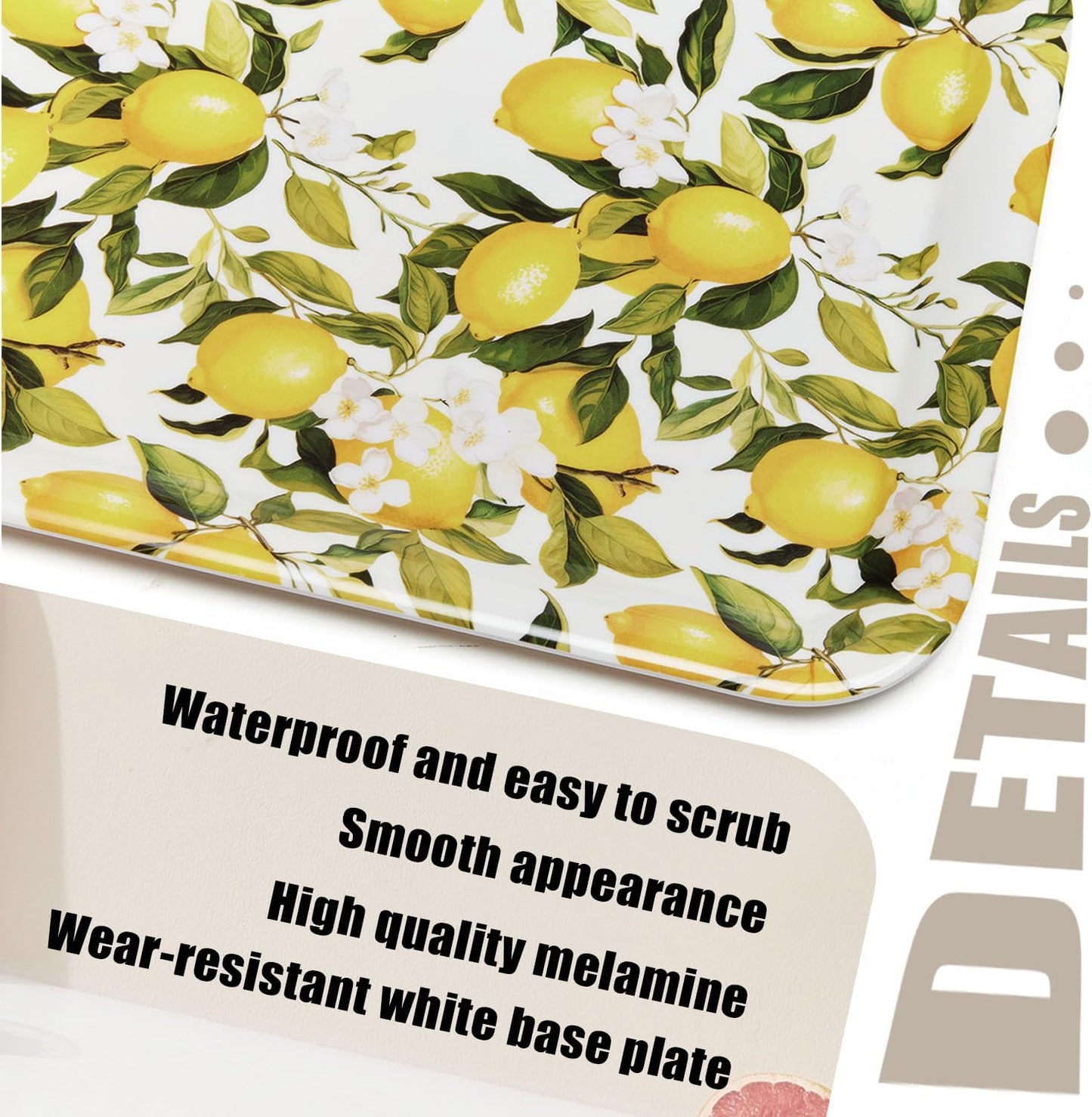 Serving Trays, 12.9 x 9.6 inch Rectangular Plastic Tray for Restaurant, Kitchen,Yellow Lemons On A Light Background