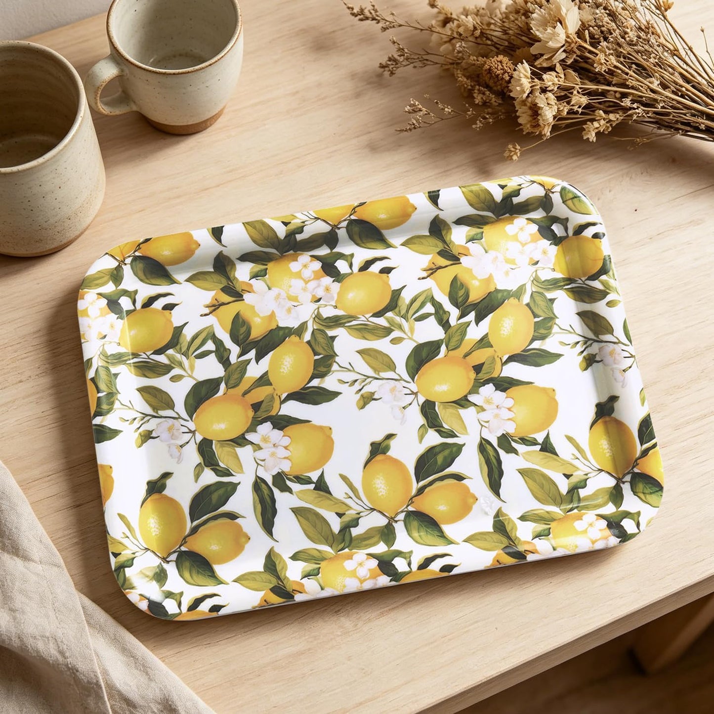 Serving Trays, 12.9 x 9.6 inch Rectangular Plastic Tray for Restaurant, Kitchen,Yellow Lemons On A Light Background