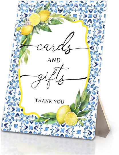 Cards and Gifts Sign, Mediterranean Italian Lemon Wedding Wooden Stand Sign 5x7 Inch, Blue and White Wedding Signs Decorations for Ceremony and Reception Table Desk Decor