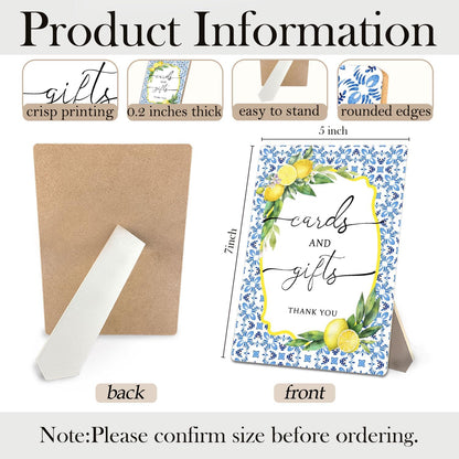 Cards and Gifts Sign, Mediterranean Italian Lemon Wedding Wooden Stand Sign 5x7 Inch, Blue and White Wedding Signs Decorations for Ceremony and Reception Table Desk Decor