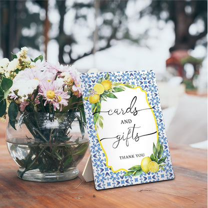 Cards and Gifts Sign, Mediterranean Italian Lemon Wedding Wooden Stand Sign 5x7 Inch, Blue and White Wedding Signs Decorations for Ceremony and Reception Table Desk Decor