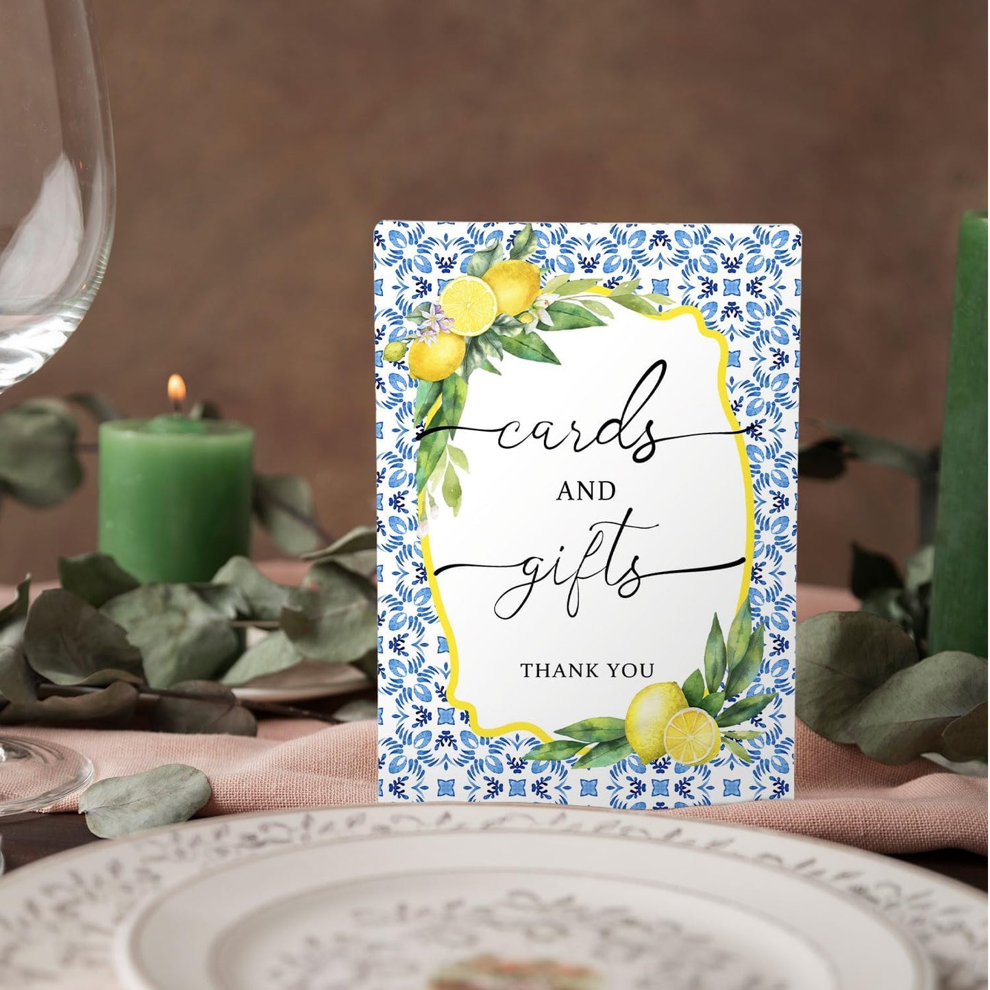Cards and Gifts Sign, Mediterranean Italian Lemon Wedding Wooden Stand Sign 5x7 Inch, Blue and White Wedding Signs Decorations for Ceremony and Reception Table Desk Decor