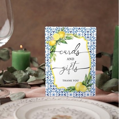 Cards and Gifts Sign, Mediterranean Italian Lemon Wedding Wooden Stand Sign 5x7 Inch, Blue and White Wedding Signs Decorations for Ceremony and Reception Table Desk Decor