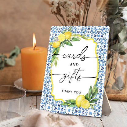 Cards and Gifts Sign, Mediterranean Italian Lemon Wedding Wooden Stand Sign 5x7 Inch, Blue and White Wedding Signs Decorations for Ceremony and Reception Table Desk Decor