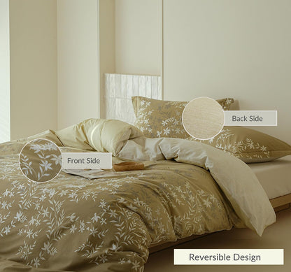 Comforter Queen Size - 100% Cotton Gradient Mustard Yellow Floral Reversible Comforter Set, Luxury and Breathable Bedding Set for All Season, 3 Pieces, 90"x90"