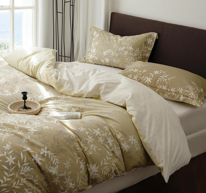 Comforter Queen Size - 100% Cotton Gradient Mustard Yellow Floral Reversible Comforter Set, Luxury and Breathable Bedding Set for All Season, 3 Pieces, 90"x90"