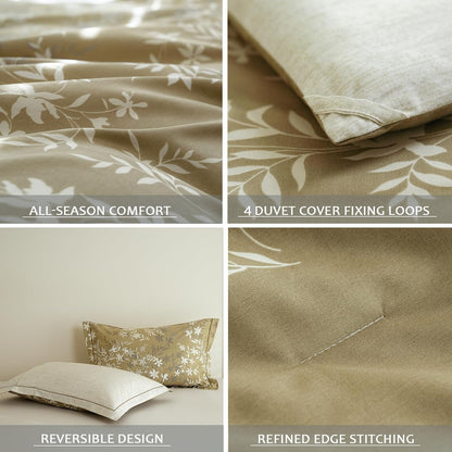 Comforter Queen Size - 100% Cotton Gradient Mustard Yellow Floral Reversible Comforter Set, Luxury and Breathable Bedding Set for All Season, 3 Pieces, 90"x90"