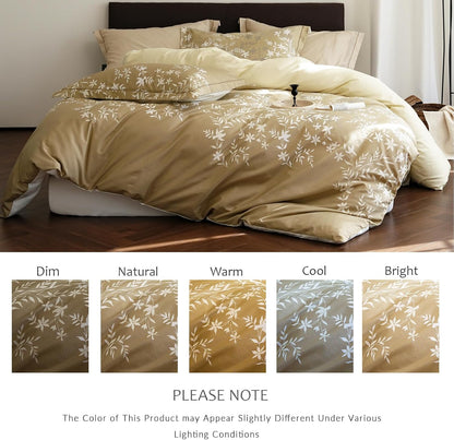 Comforter Queen Size - 100% Cotton Gradient Mustard Yellow Floral Reversible Comforter Set, Luxury and Breathable Bedding Set for All Season, 3 Pieces, 90"x90"