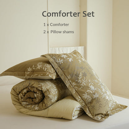 Comforter Queen Size - 100% Cotton Gradient Mustard Yellow Floral Reversible Comforter Set, Luxury and Breathable Bedding Set for All Season, 3 Pieces, 90"x90"